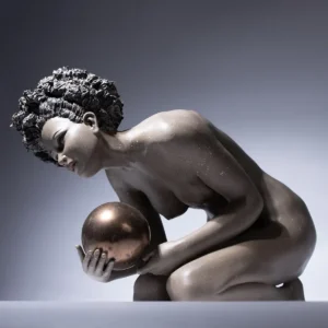 Statua in gres e metallo raffigurante una donna china che regge un globo sulla mano.