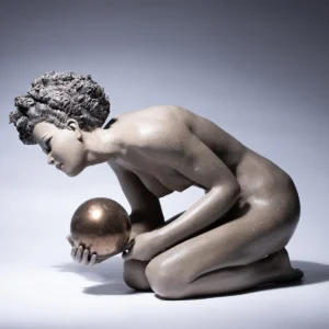 Statua in gres e metallo raffigurante una donna china che regge un globo sulla mano.