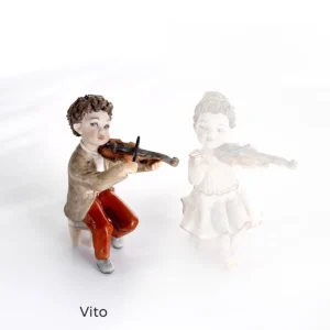 Statua in porcellana di Vito, piccolo violinista in giacca marrone e pantaloni rossi.